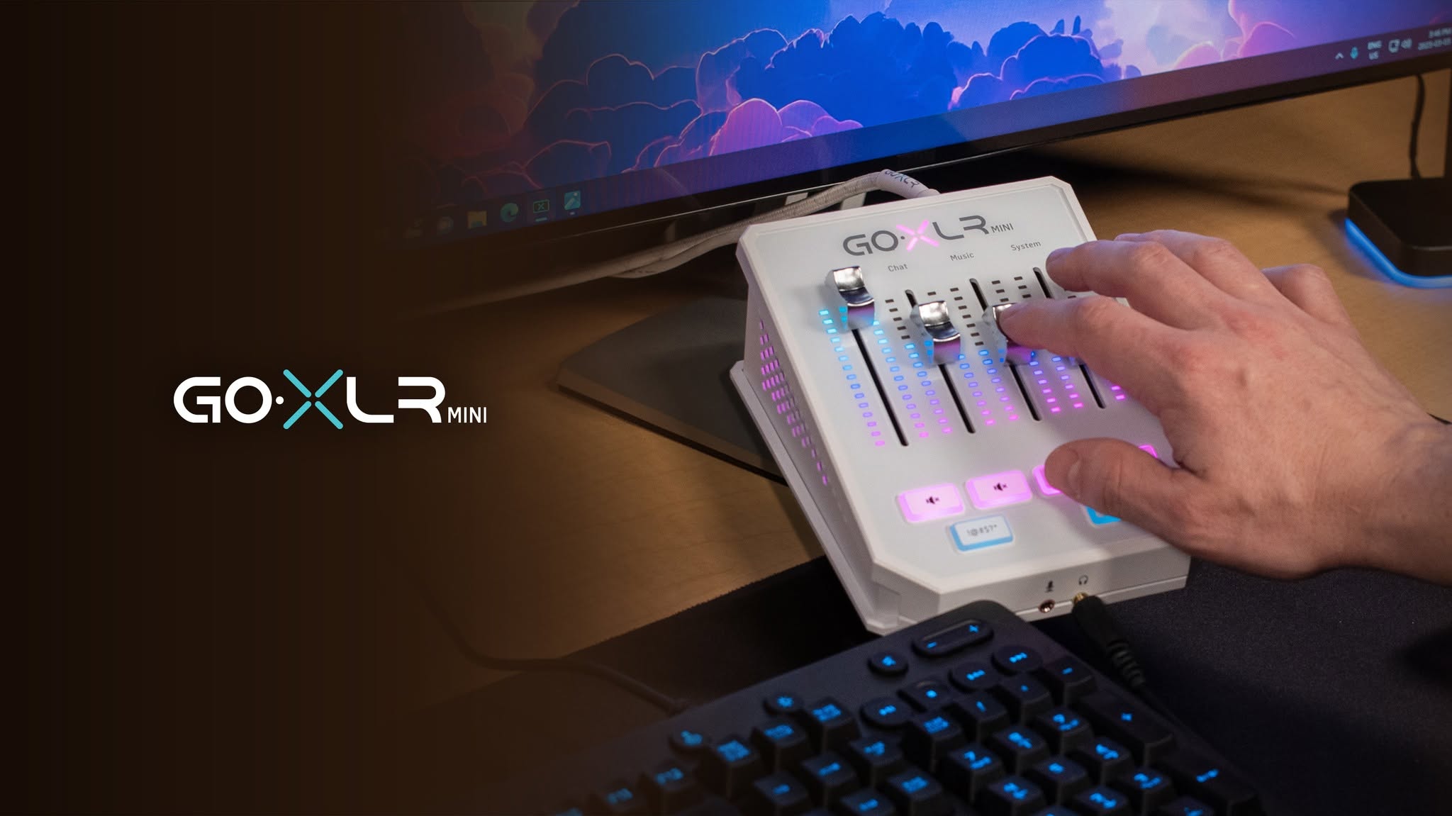 White GoXLR Mini on a streaming desk