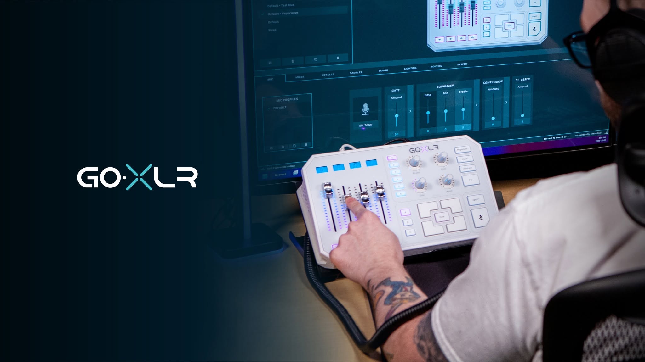 White GoXLR Mini with GOXLR software on screen